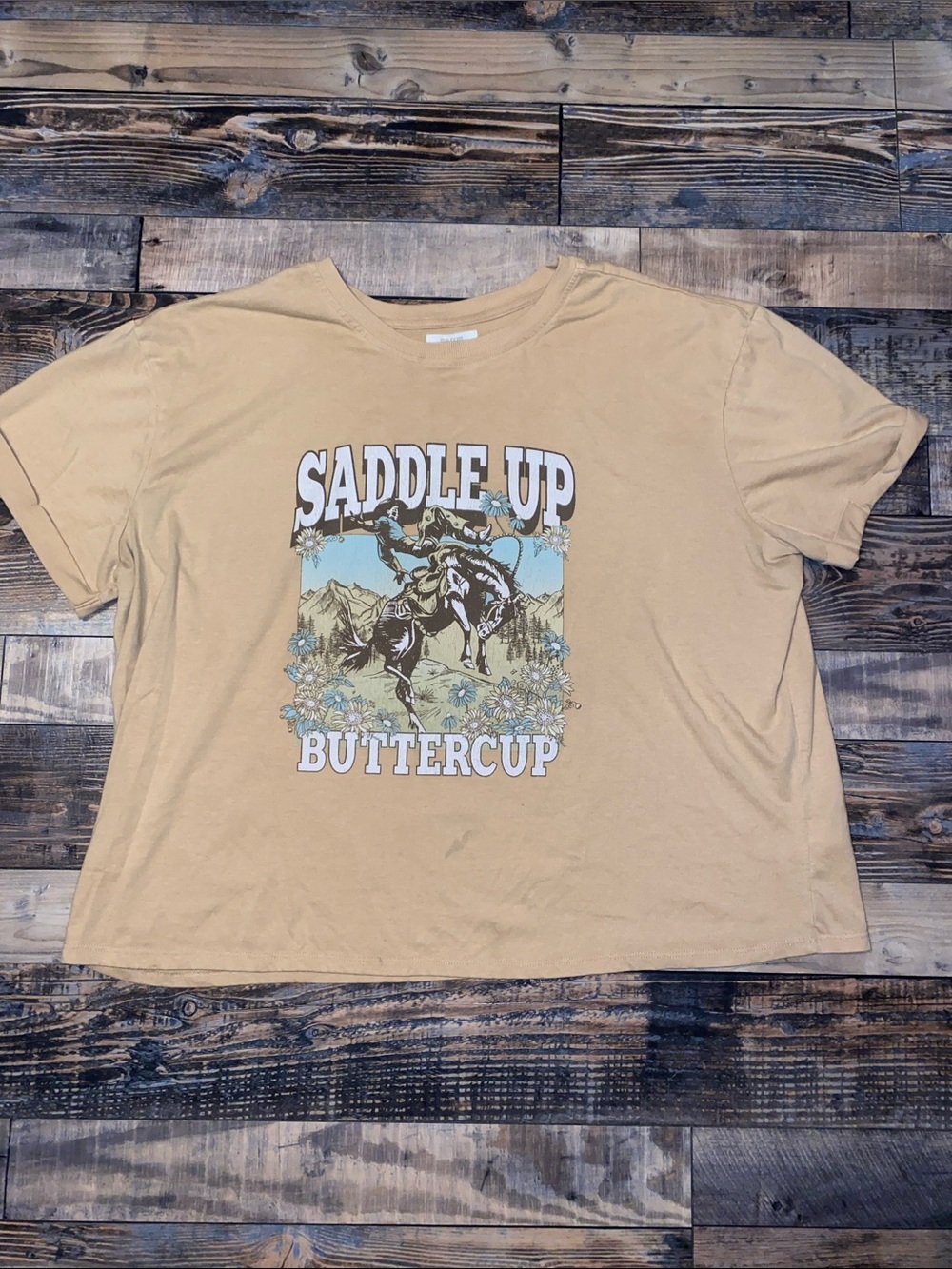 Maurices Rodeo Graphic Tee in Tan with Blue & White Print